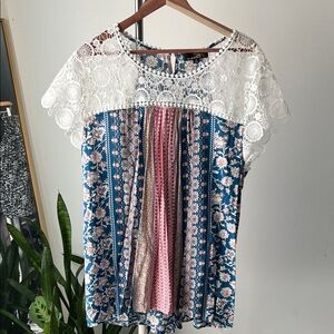 Suzanne Betro Floral Lace Blouse - Blue and Pink